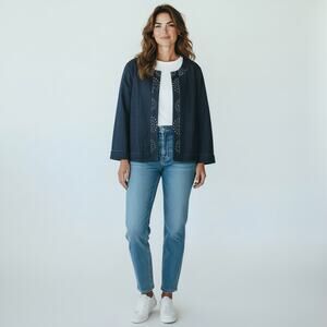 LIZ & ME Women's Dark Wash Open Front Embellished Denim Jacket 4X Office Casual